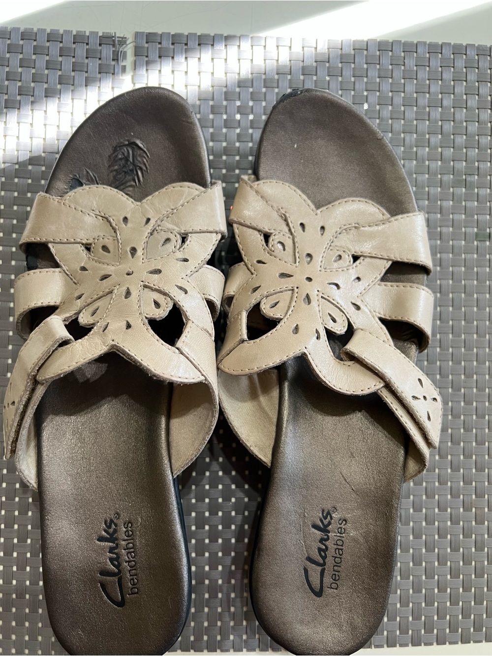 BCBG Taupe Floral Cutout Slide Sandals